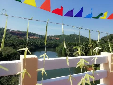 View of a decorated bridge below the blue sky Stock Photos