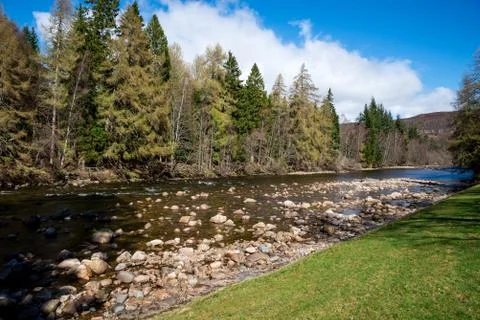 A view of Dee river in Balmoral Castle estate, Scotland Stock Photos