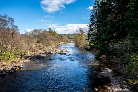 A view of Dee river from the bridge in Balmoral Castle, Scotland Stock Photos