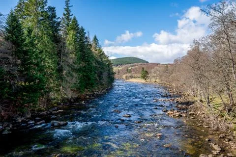 A view of Dee river from the bridge in Balmoral Castle, Scotland Stock Photos