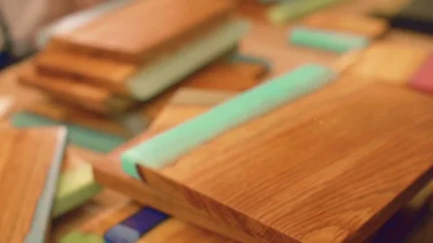 View of defocused handmade cutting boards Stock Footage 82966191