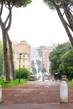 View of the Via dei Normanni during the rain Stock Photos