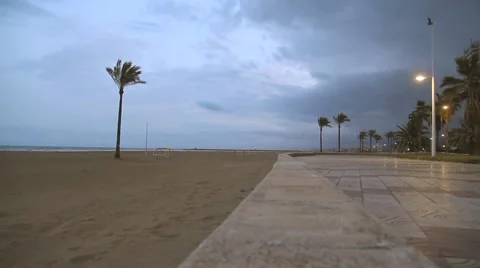 View on a deserted beach and main promenade in the city Cullera in winter Spain, Stock Footage 47867498