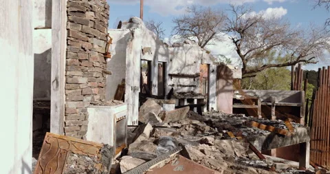 View of a deserted run down building in Africa after a fire Stock Footage 235440187