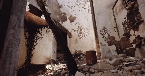 View of a deserted run down building after a fire Vídeos de archivo 235440777