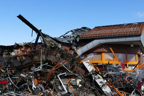 View of a deserted run down building after a fire Stock Photos