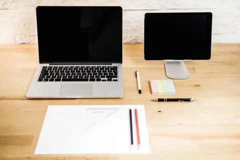 View of the desk with a computer Stock Photos