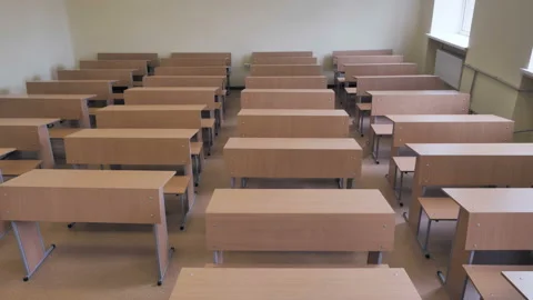 View Of Desks In Empty School Classroom, College Lecture hall, University Stock Footage 172288805