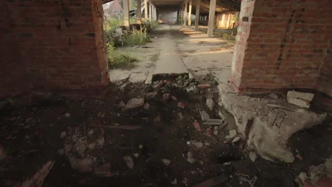 View in the destroyed abandoned cowshed building in the old village in Belarus Video stock 99483556