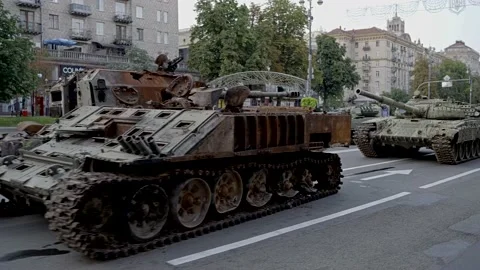 View of destroyed and captured russian tanks by the Armed Forces of Ukraine 2022 Stock Footage 205541226