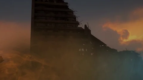 View of the destroyed post-apocalyptic city in the sunset 3D render Stock Footage 76400350