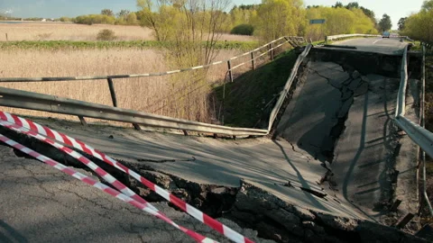 View of the destroyed road bridge as consequences a natural disaster. Bridge. Stock Footage 153519917