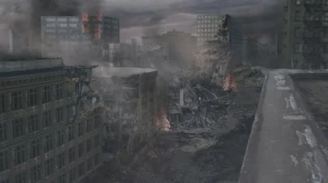 View of a Devastated Town at Dusk, Fires Fading Out Stock Footage 59565928
