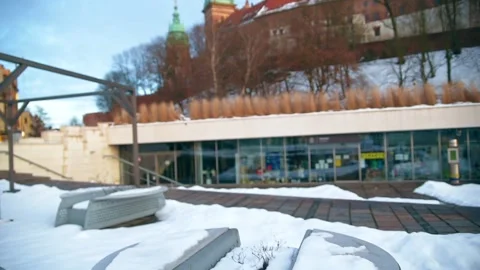 View of devices on snow-covered square in front of royal castle in Krakow. Stock Footage 148505150
