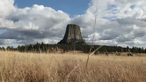 View Of Devils Tower Pulling Back Through Grassy Field Vídeo Stock 145825040
