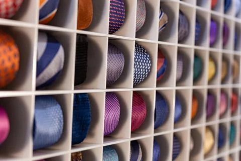 View of different colors ties in showcase. Stock Photos