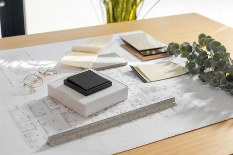 View of different material selection moodboard with samples Stockfoto's