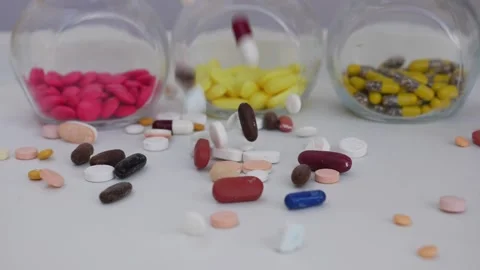 View of different tablets dropped over a white table with colorful tablets in Stock Footage 147699697