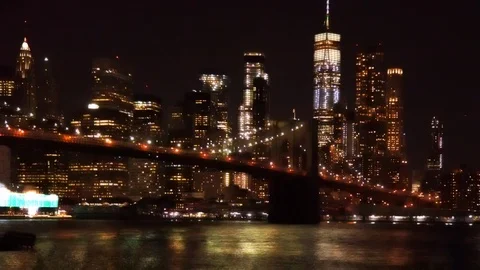 View with diffuser of Brooklyn Bridge and Manhattan skyline lights at night Video stock 100083725