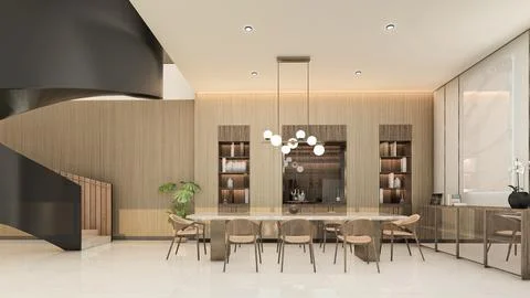View on dinning room interior, 3d rendering, Modern House Interior Scene Stock Illustration