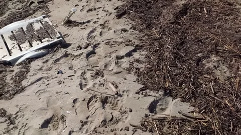 View of dirty sea, heaps of garbage on sandy shore, pollution 스톡 동영상 252040386