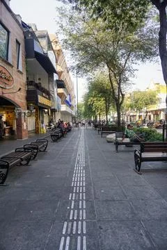 View of disability friendly sidewalk facilities with tactile paving tiles Stock Photos