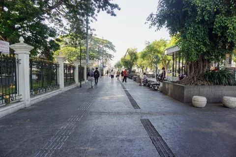 View of disability friendly sidewalk facilities with tactile paving tiles Stock Photos