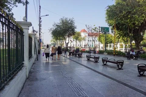 View of disability friendly sidewalk facilities with tactile paving tiles Stock Photos