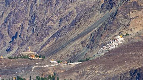 View of Diskit Monastery and Maitreya statue, Diskit, Nubra Valley, Leh, La.. Stock Photos