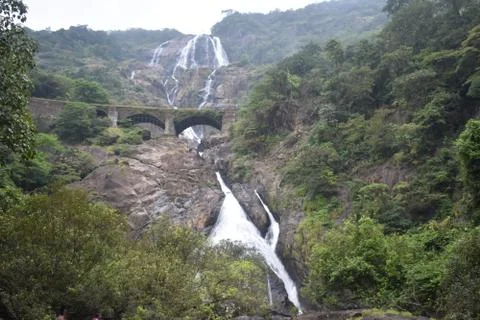 A view from a distant of a dudhsagar falls Stock Photos