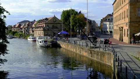View of the district called Little Venice on the Regnitz river in Bamberg Stock Footage 116606736