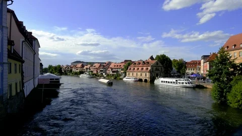 View of the district called Little Venice on the Regnitz river in Bamberg Stock Footage 116606782