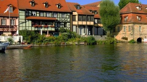 View of the district called Little Venice on the Regnitz river in Bamberg Stock Footage 116606903