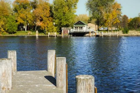 View from dock looking across river Stock Photos