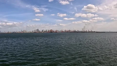 View of Docking Port of Freight and Container Vans in Manila Bay Stock Footage 233648099