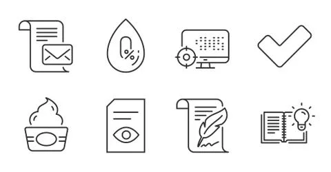 View document, Feather and No alcohol icons set. Seo, Tick and Product knowledge Stock Illustration