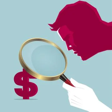 View dollar sign using a magnifying glass. Isolated on blue background. 스톡 일러스트