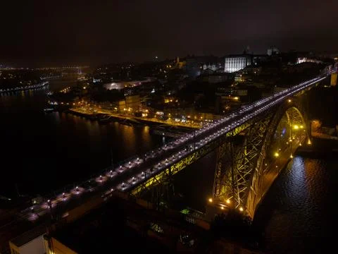 The view of the Dom Luis Bridge in a cloudy night, Porto, Portugal Stock Photos
