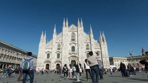 View of Dome of Milan with people walking on the square. Time lapse, wide angle. Stock Footage 79100725