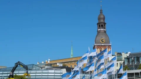 View on Dome Square tower from bank of Daugava in Riga, Latvia on a sunny summer 動画素材 95047900