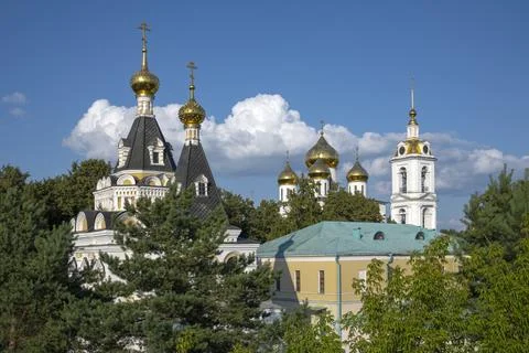 View on the domes of ancient temples from the ramparts of the Dmitrov Kremlin Stock Photos