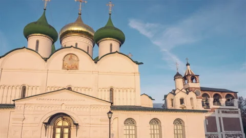 View of Domes and crosses of the Transfiguration Cathedral in Suzdal monaster Stock Footage 169496622