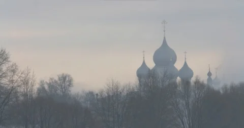 View of the domes of the Russian churches in the fog Video stock 87722183