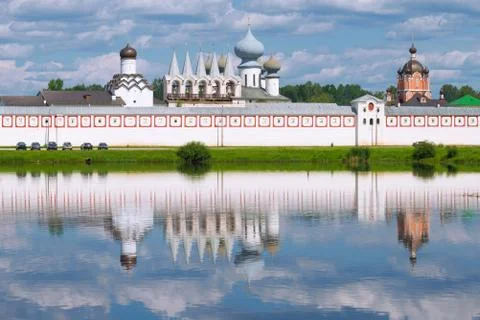 View of the domes of the Tikhvin Assumption Monastery. Leningrad region, Russia Stock Photos