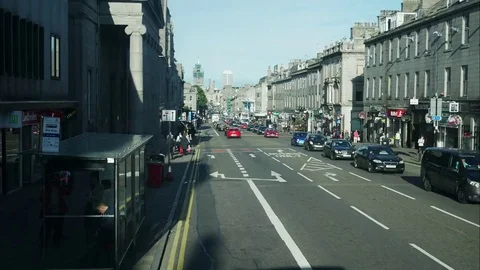 View from a double deck bus drive along the Union street around Aberdeen Stock Footage 71159010