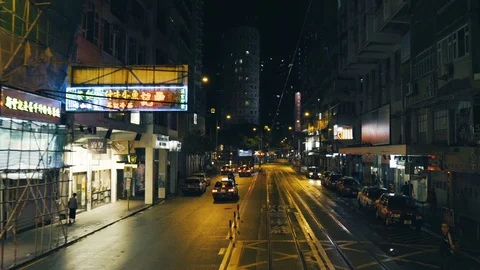 View from a Double-Decker tram on empty Hong Kong Streets. Late Night Stock Footage 111362820