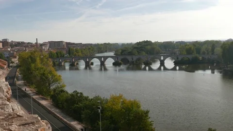 View of the Douro River and the medieval bridge in Zamora, Spain Stock Footage 80702689
