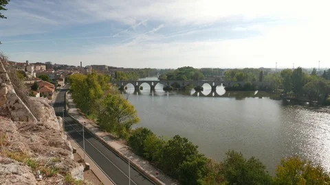 View of the Douro River and the medieval bridge in Zamora, Spain. Pan Video stock 80702710