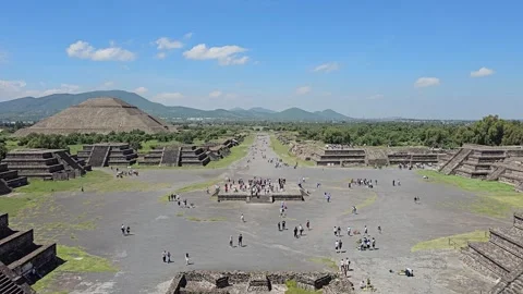 View Down Avenue Of The Dead From Moon Pyramid, Teotihuacan, Mexico 8K Video stock 340374372