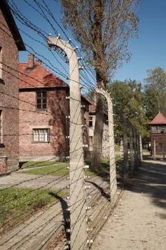 View down the barbed wire fence, auschwitz Stock Photos